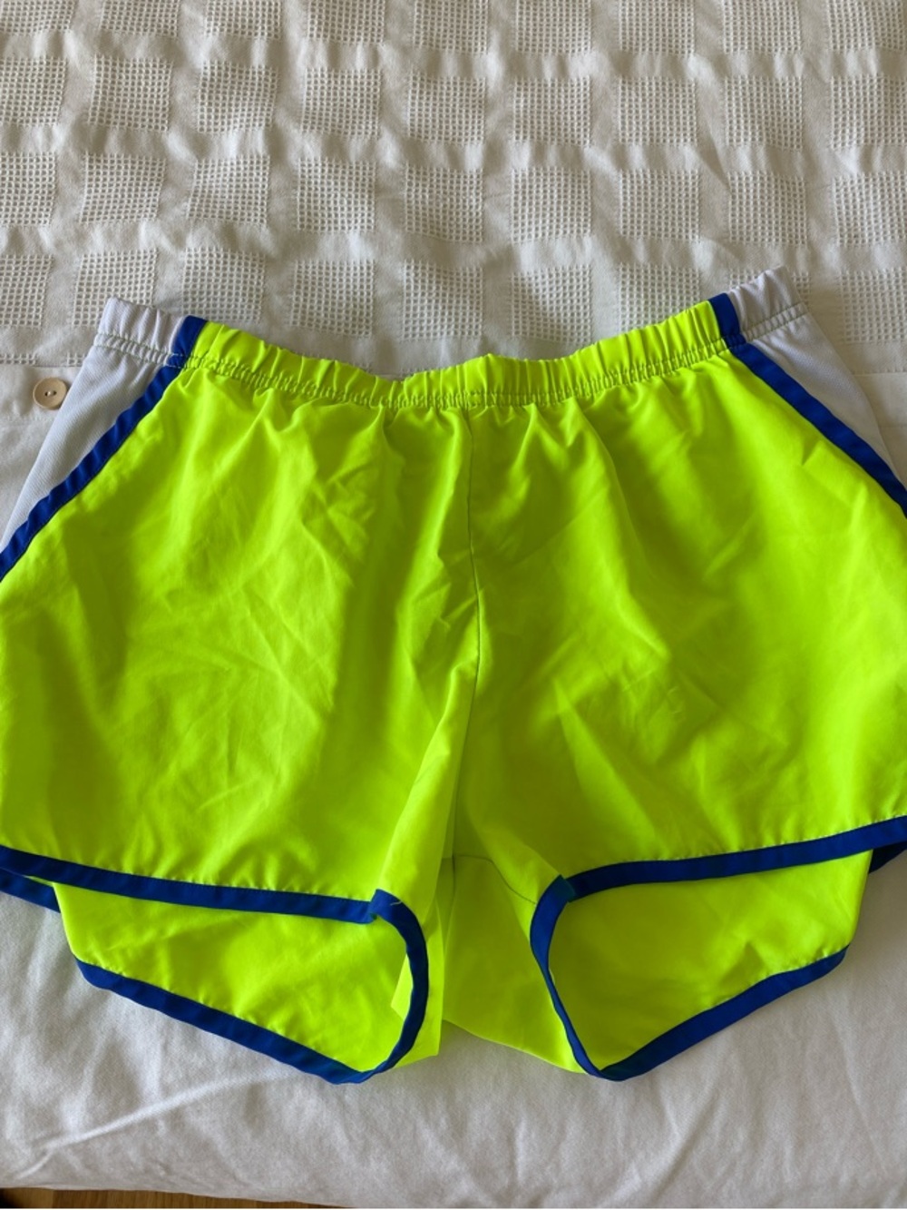 Neon Yellow Athletic Shorts with Blue Trim